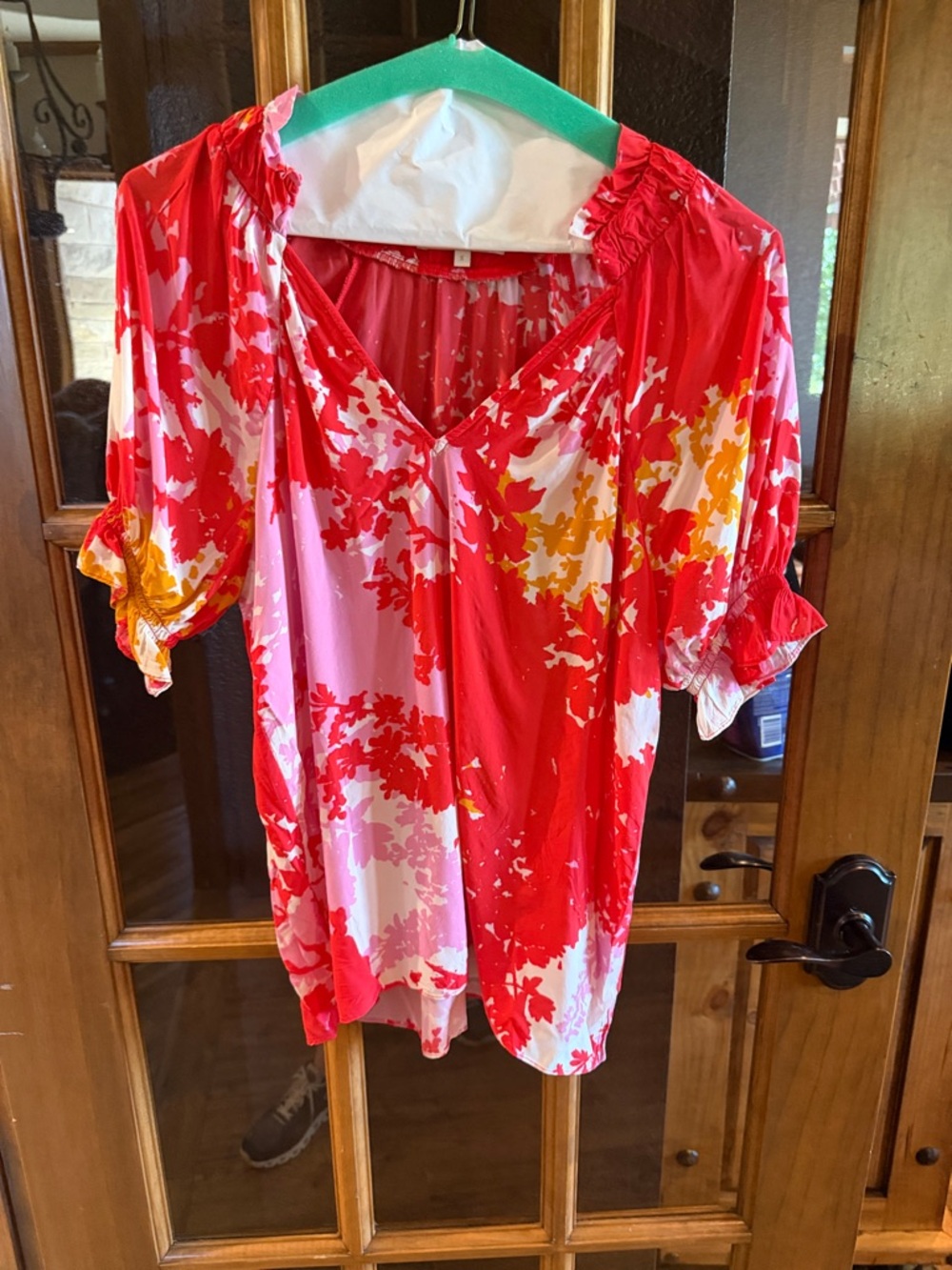 Red Floral V-Neck Ruffle Sleeve Women’s Blouse 100% Viscose